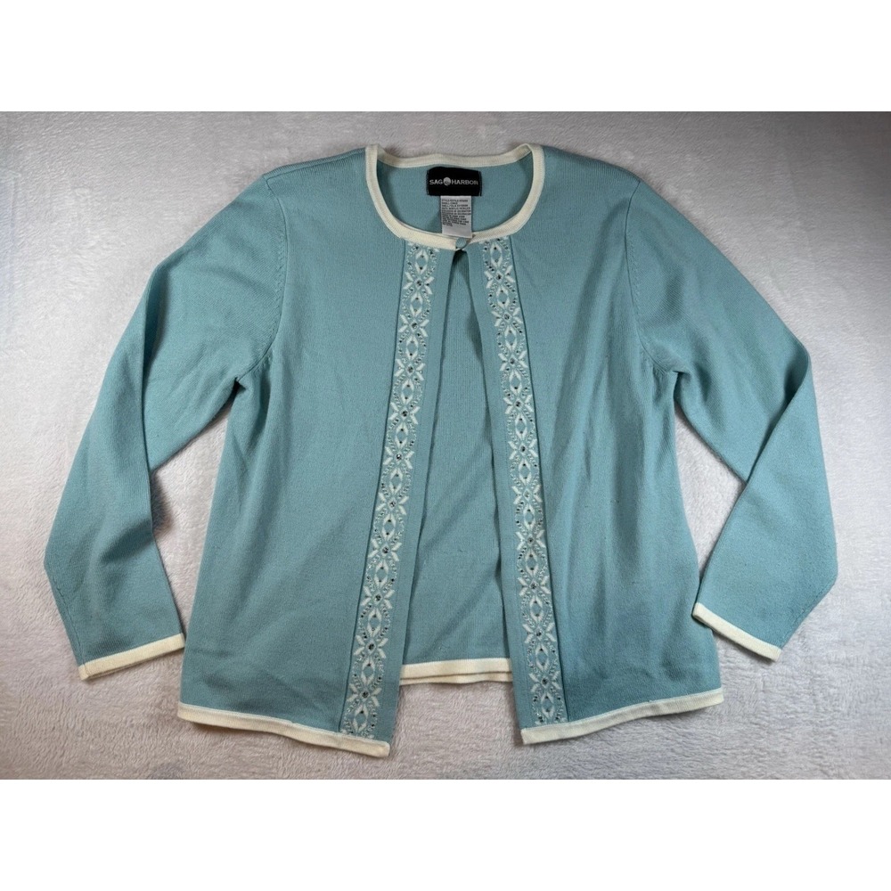 Sag Harbor Blue White Sparkle Sweater Jacket/Top Combo Sz Small Granny Core